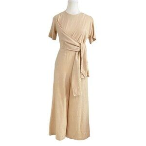 OWL BEIGE CREAM SHORT SLEEVE TIE FRONT CROPPED WIDE LEG JUMPSUIT - XS